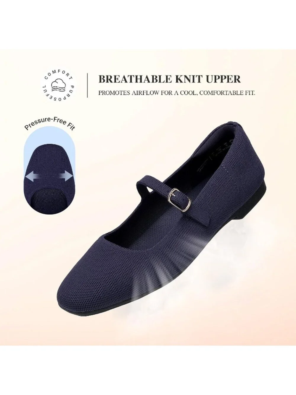 Women's Navy Knit Mary Jane Square Toe Stretchy Buckle Ballet Flats Casual Shoes